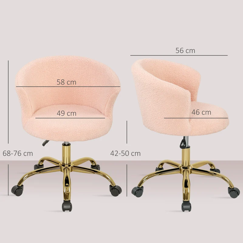 Cadeira de escritório, poltrona ergonómica ajustável em altura, assento giratório, base em aço, rosa