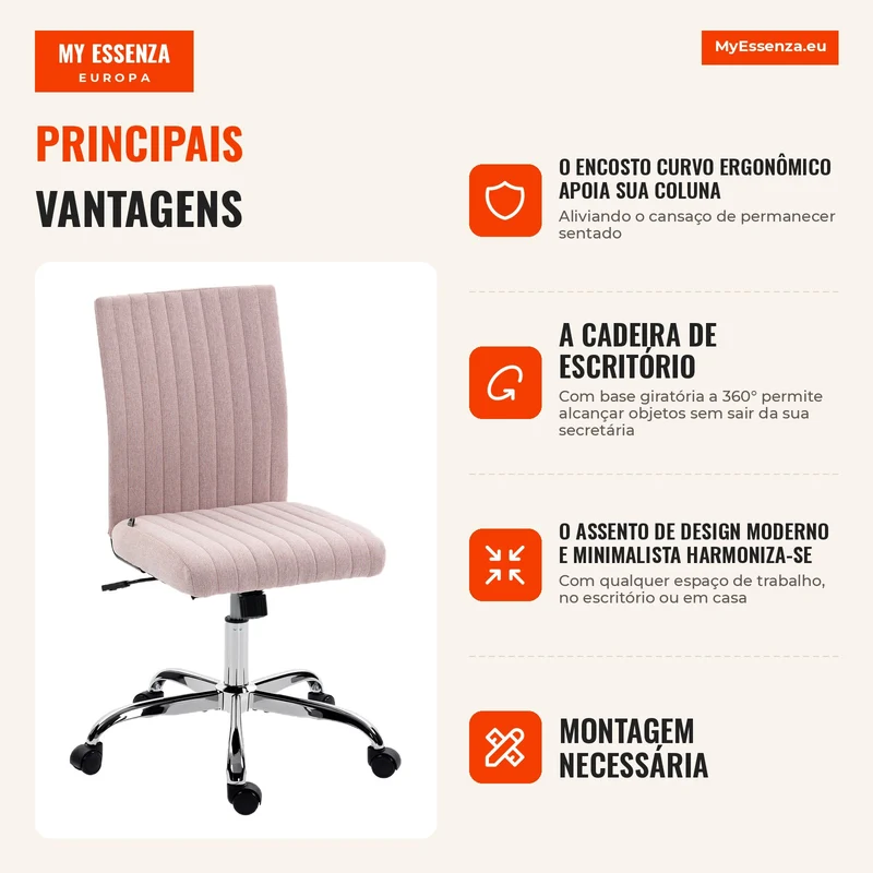Cadeira de Escritório sem Braços Poltrona de Escritório Altura Ajustável e Giratória 360° 43x56x89-99 cm Rosa