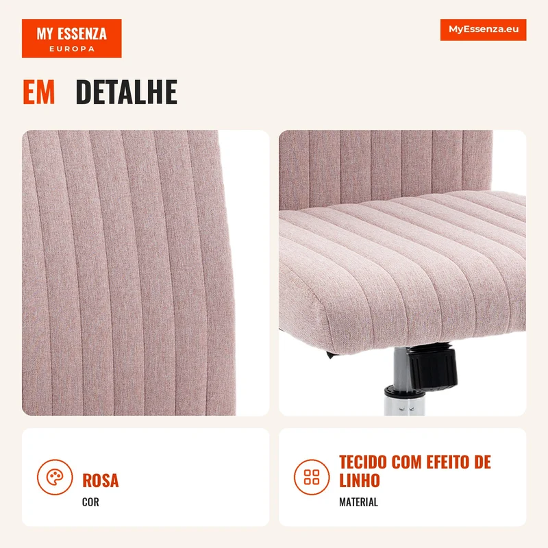 Cadeira de Escritório sem Braços Poltrona de Escritório Altura Ajustável e Giratória 360° 43x56x89-99 cm Rosa