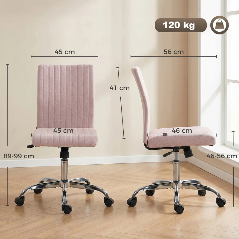 Cadeira de Escritório sem Braços Poltrona de Escritório Altura Ajustável e Giratória 360° 43x56x89-99 cm Rosa