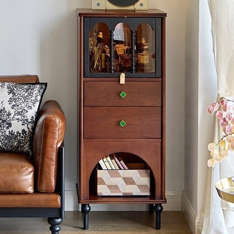 Traditional French Pine Wood Multi-layer Solid Wood Glass Ball-Shaped Rectangular Storage Cabinet 2-Drawer For Living Room