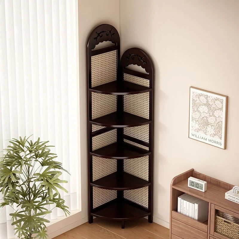 Traditional Chinese Rectangular Natural Nan Bamboo Rattan Corner Shelf Unit 5-Tier For Living Room
