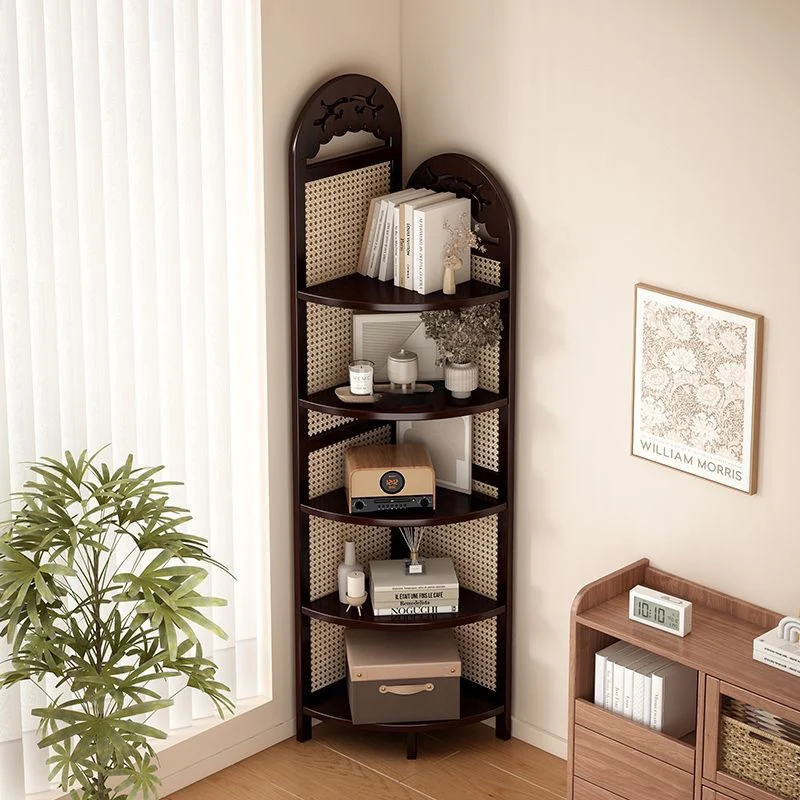 Traditional Chinese Rectangular Natural Nan Bamboo Rattan Corner Shelf Unit 5-Tier For Living Room