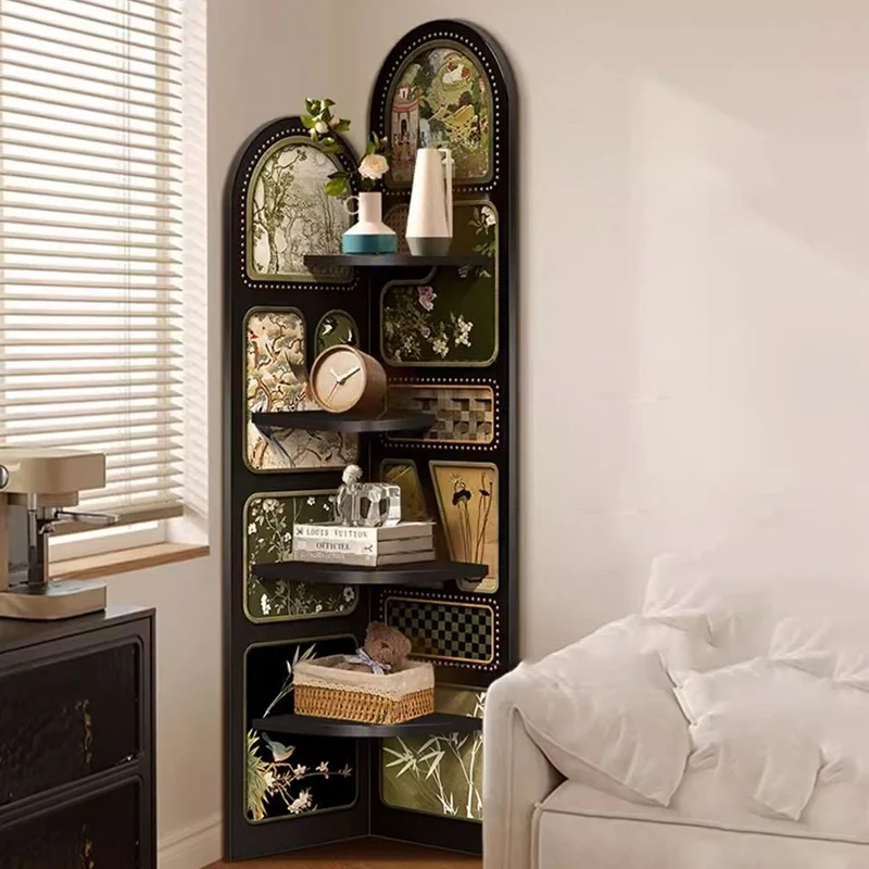 Traditional French Rectangular Medium-Density Fiberboard Crystal Porcelain Painting Corner Shelf Unit 4-Tier For Living Room
