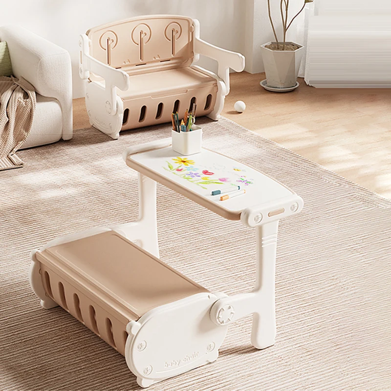 Contemporary Creative Rectangular HDPE Desk & Chair Set With 1 Storage Cabinet For Living Room