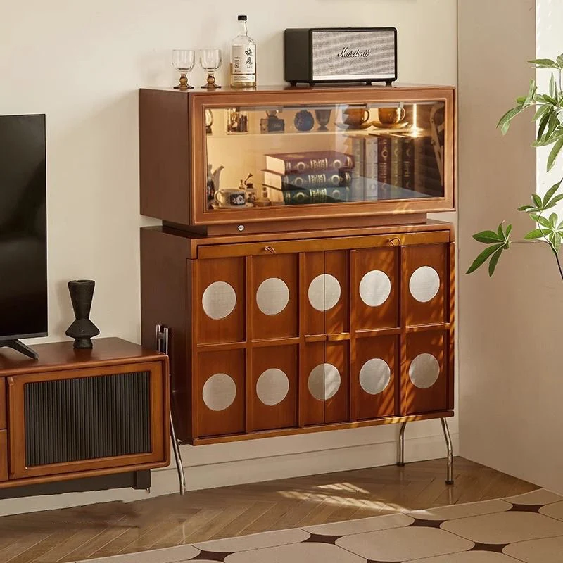 Contemporary Retro Rubberwood Solid Wood Plywood Glass Stainless Steel Rectangular Storage Cabinet 2-Tier For Living Room