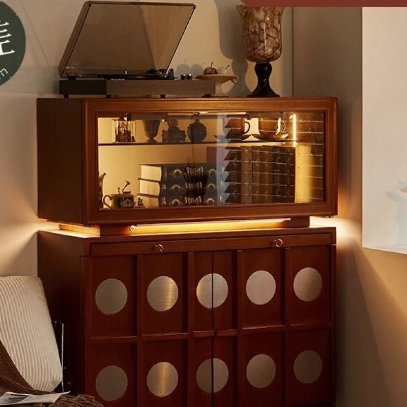 Contemporary Retro Rubberwood Solid Wood Plywood Glass Stainless Steel Rectangular Storage Cabinet 2-Tier For Living Room