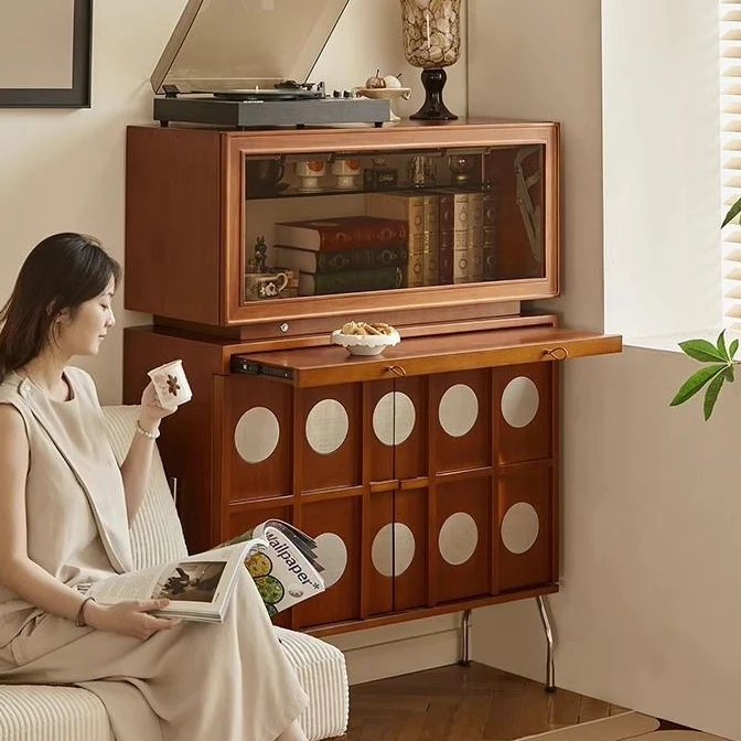 Contemporary Retro Rubberwood Solid Wood Plywood Glass Stainless Steel Rectangular Storage Cabinet 2-Tier For Living Room
