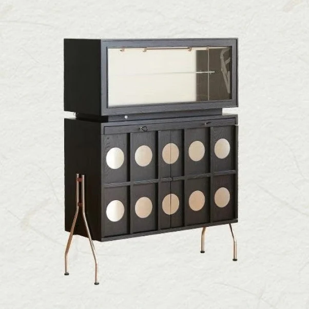 Contemporary Retro Rubberwood Solid Wood Plywood Glass Stainless Steel Rectangular Storage Cabinet 2-Tier For Living Room