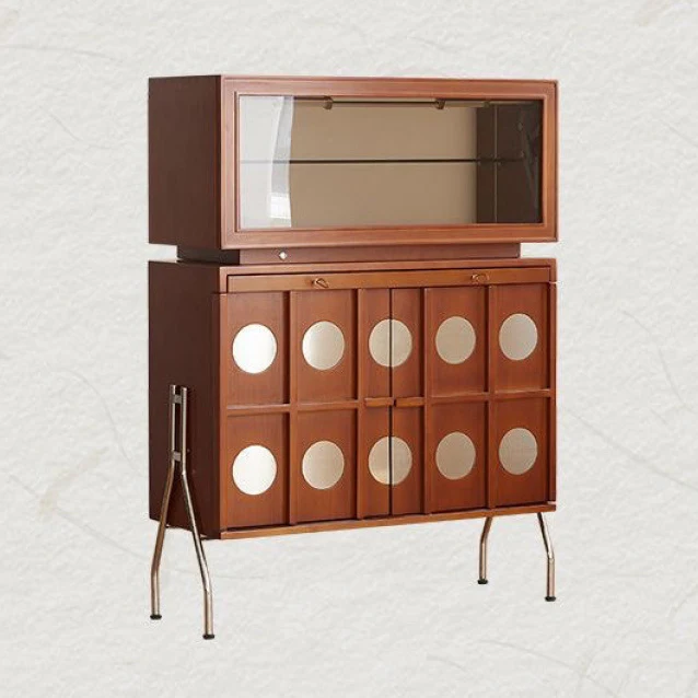 Contemporary Retro Rubberwood Solid Wood Plywood Glass Stainless Steel Rectangular Storage Cabinet 2-Tier For Living Room