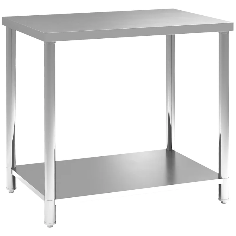 Mesa de Trabalho em Aço Inoxidável com 2 Prateleiras para Cozinha, Garagem e Oficina, Carga 100 kg, 90x60x86 cm, Prateado