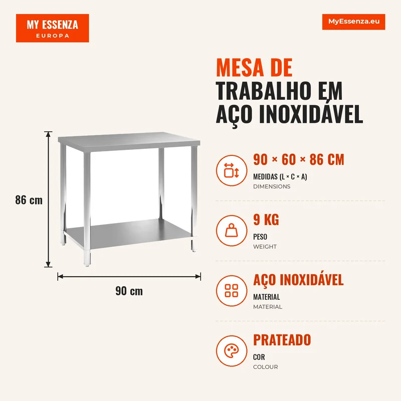 Mesa de Trabalho em Aço Inoxidável com 2 Prateleiras para Cozinha, Garagem e Oficina, Carga 100 kg, 90x60x86 cm, Prateado