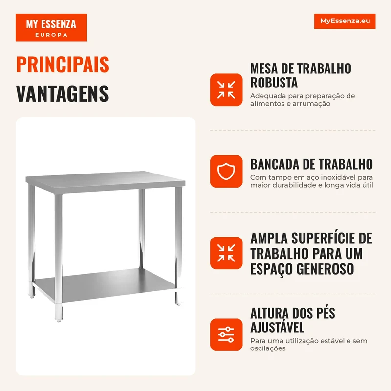 Mesa de Trabalho em Aço Inoxidável com 2 Prateleiras para Cozinha, Garagem e Oficina, Carga 100 kg, 90x60x86 cm, Prateado