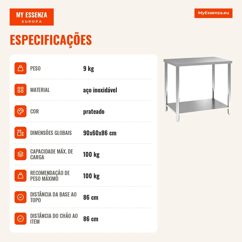 Mesa de Trabalho em Aço Inoxidável com 2 Prateleiras para Cozinha, Garagem e Oficina, Carga 100 kg, 90x60x86 cm, Prateado