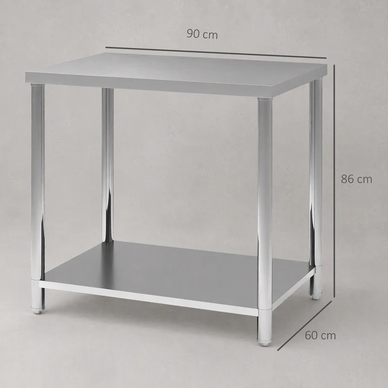 Mesa de Trabalho em Aço Inoxidável com 2 Prateleiras para Cozinha, Garagem e Oficina, Carga 100 kg, 90x60x86 cm, Prateado