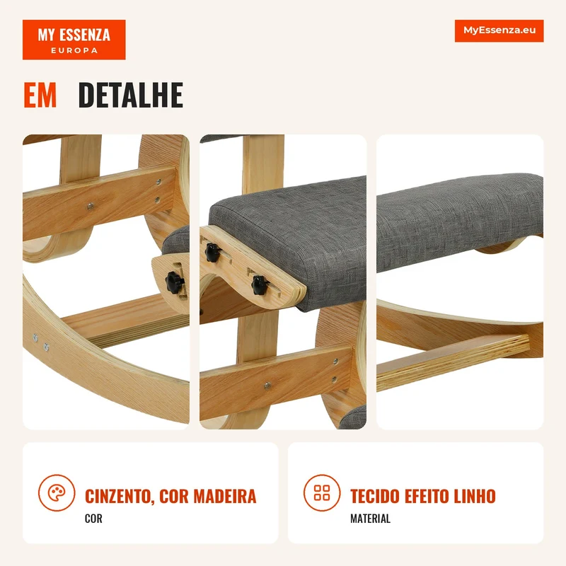 Cadeira Ergonómica Ajoelhada para Escritório e Casa em Tecido Efeito Linho Compensado de Bétula Cinza