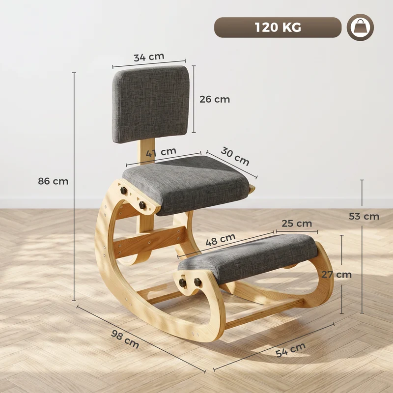 Cadeira Ergonómica Ajoelhada para Escritório e Casa em Tecido Efeito Linho Compensado de Bétula Cinza
