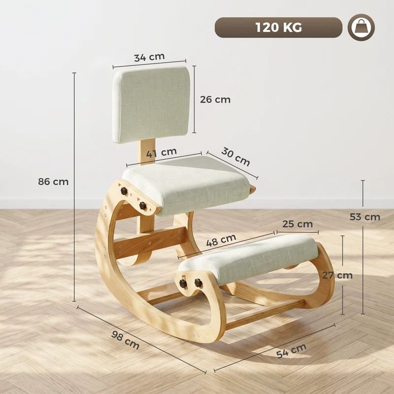 Cadeira Ajoelhada Ergonômica para Escritório e Casa em Tecido Efeito Linho Compensado de Bétula Creme