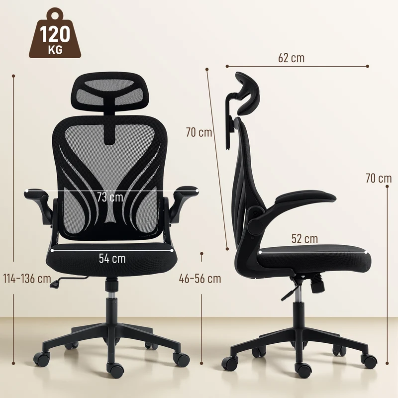 Cadeira de Escritório Poltrona em Malha Encosto Rebatível Apoio de Cabeça 2D Apoios de Braço Rebatíveis 73x62x136 cm Preto