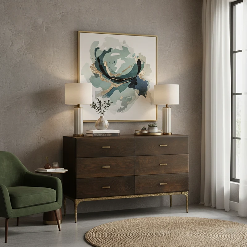 Contemporary Retro Solid Oak Wood & Iron Storage Cabinet With 6-Drawer For Living Room