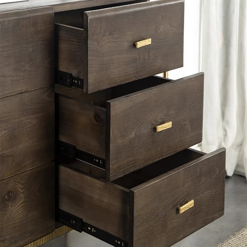 Contemporary Retro Solid Oak Wood & Iron Storage Cabinet With 6-Drawer For Living Room
