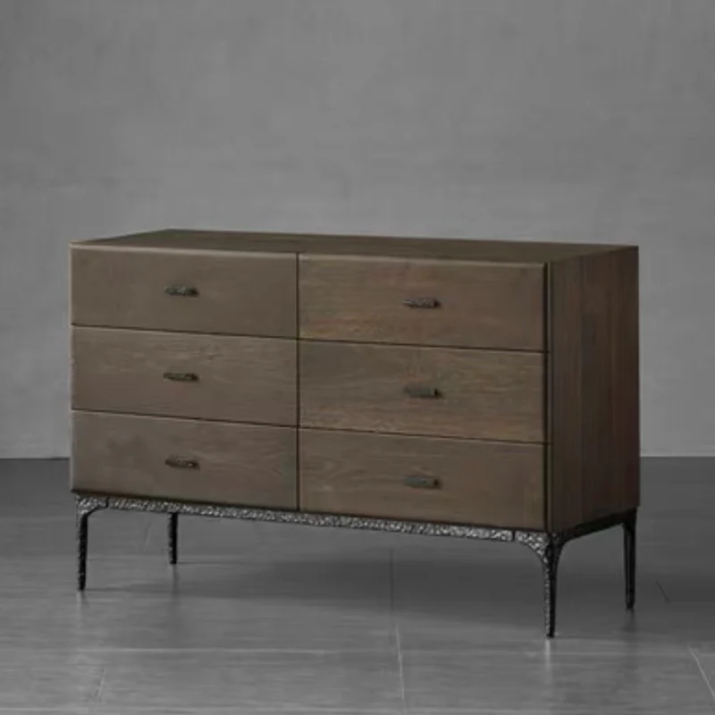 Contemporary Retro Solid Oak Wood & Iron Storage Cabinet With 6-Drawer For Living Room