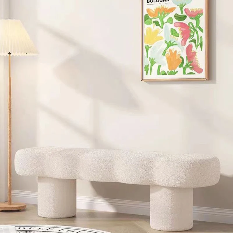 Contemporary Nordic Lamb Fleece Solid Wood Rectangular Bench For Living Room