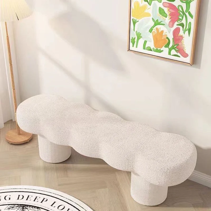 Contemporary Nordic Lamb Fleece Solid Wood Rectangular Bench For Living Room