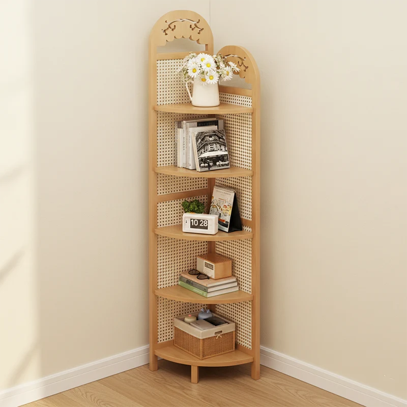 Modern Minimalist Nan Bamboo ABS Plastic Rattan Weaving Fan-shaped Corner Shelf Unit 5-Tier For Living Room