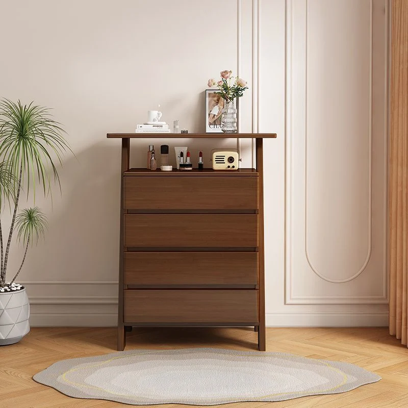 Traditional Chinese Solid Wood Multi-Layer Board Rubberwood Rectangular Sideboard 4-Drawer Storage Cabinet For Living Room