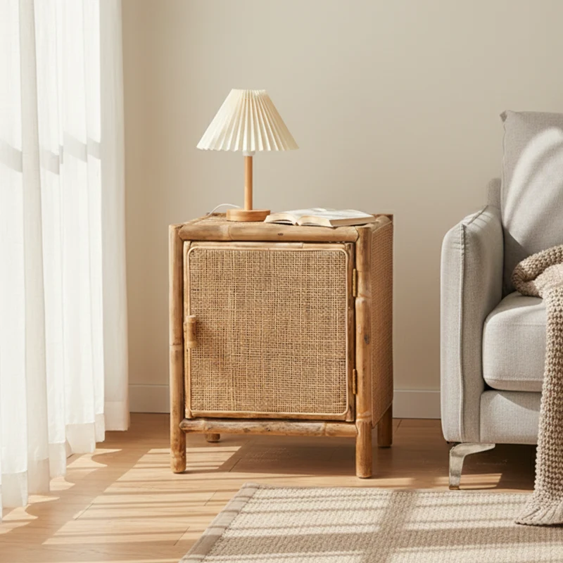 Traditional Chinese Wood Color Storage Cabinet: Natural Indonesian Rattan & Handwoven - Single-Cabinet Storage Sideboard For Living Room