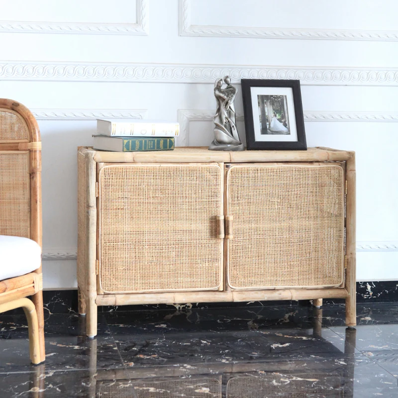 Traditional Chinese Rectangular Storage Cabinet: Natural Indonesian Rattan & Handwoven - Large Capacity Storage Sideboard For Living Room