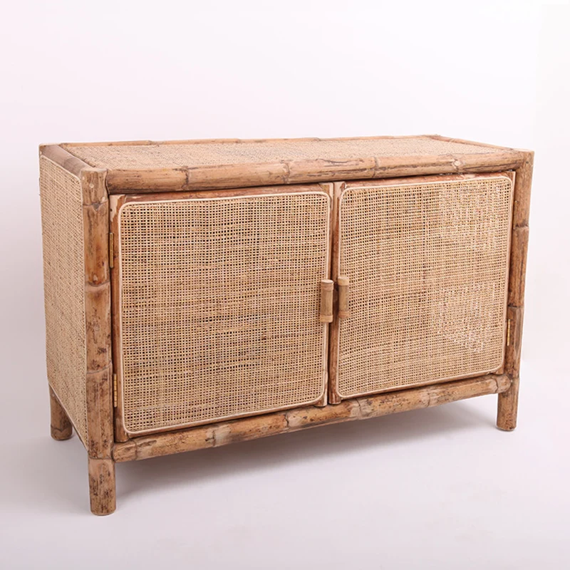 Traditional Chinese Rectangular Storage Cabinet: Natural Indonesian Rattan & Handwoven - Large Capacity Storage Sideboard For Living Room