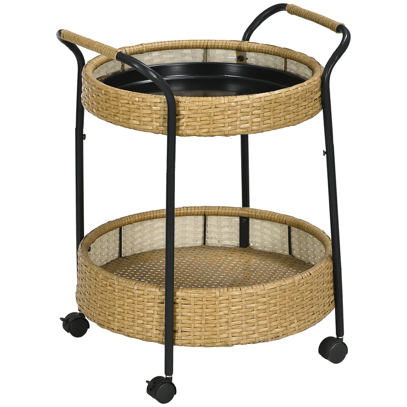 Carrinho de Serviço ao Ar Livre, 2 Níveis, Freios, Polyrattan, Estrutura Metálica, Φ50 x 66H cm, Amarelo