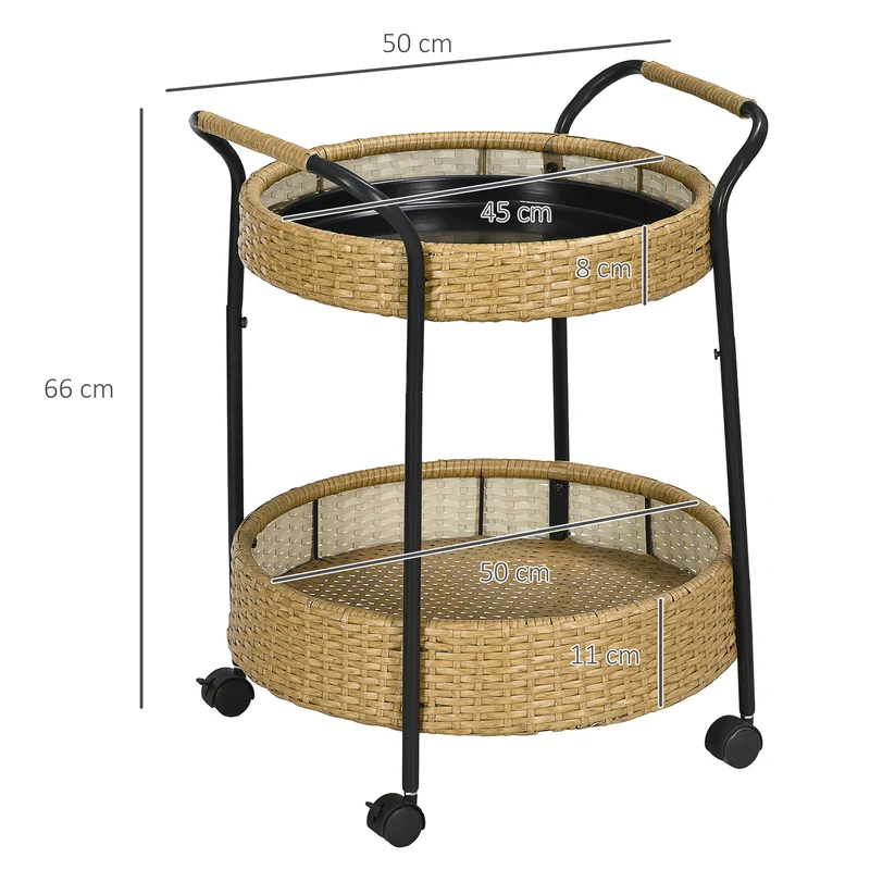 Carrinho de Serviço ao Ar Livre, 2 Níveis, Freios, Polyrattan, Estrutura Metálica, Φ50 x 66H cm, Amarelo