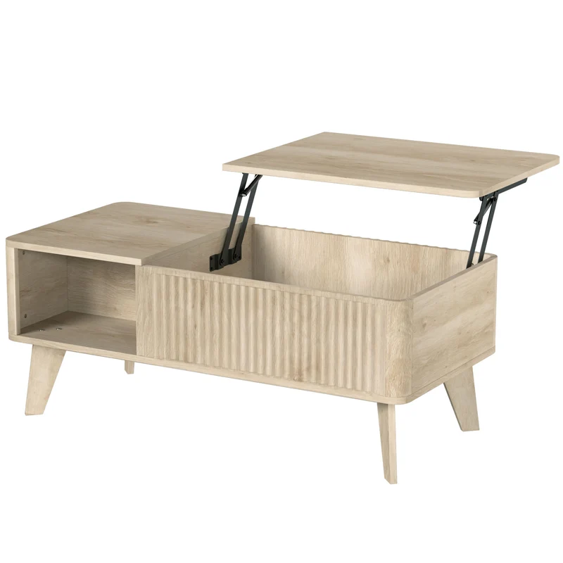 Mesa de Centro Elevável Compartimento Oculto 2 Prateleiras Abertas Bordas Arredondadas Estilo Meados do Séc. 100x48x41 cm Carvalho