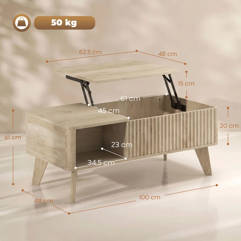 Mesa de Centro Elevável Compartimento Oculto 2 Prateleiras Abertas Bordas Arredondadas Estilo Meados do Séc. 100x48x41 cm Carvalho