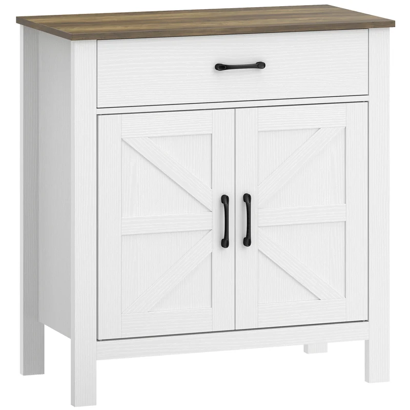 Buffet para Sala Móvel de Arrumação com 2 Portas tipo Celeiro Gaveta e Prateleira Regulável 77x39,3x81,5 cm Branco e Castanho