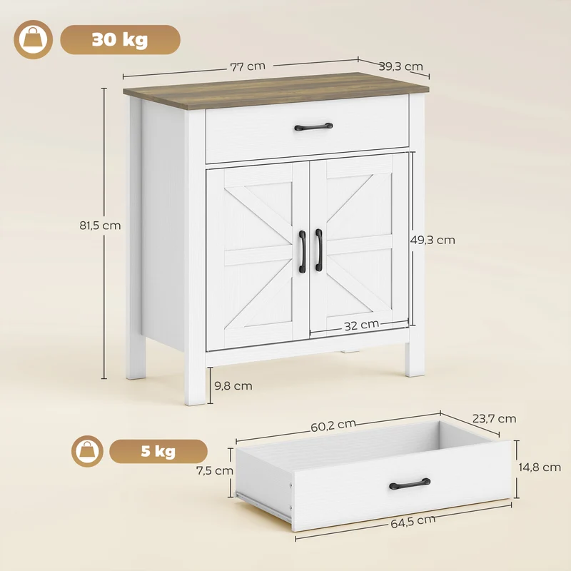 Buffet para Sala Móvel de Arrumação com 2 Portas tipo Celeiro Gaveta e Prateleira Regulável 77x39,3x81,5 cm Branco e Castanho