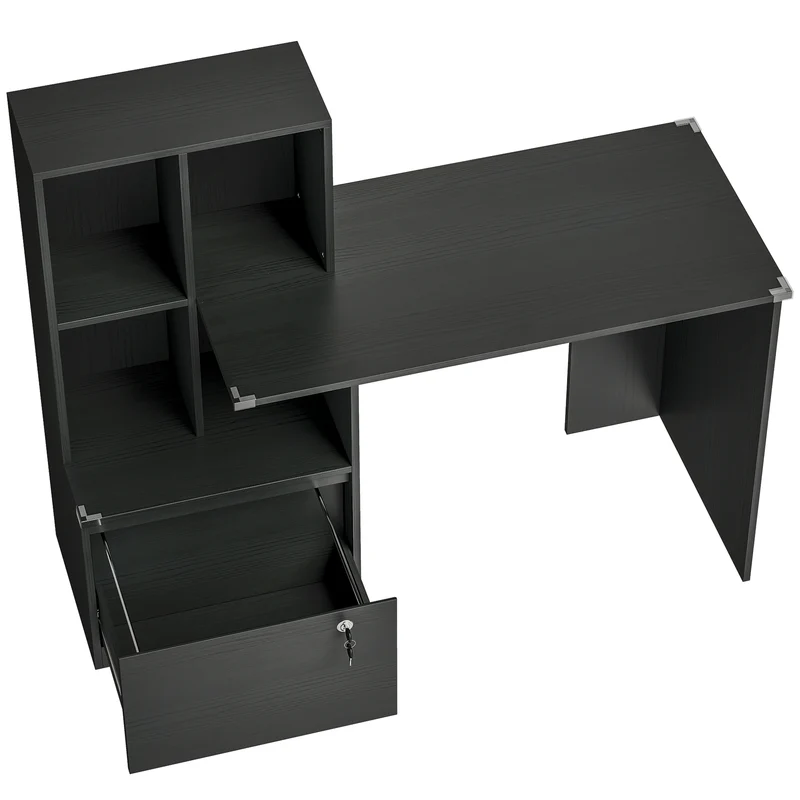 Mesa de Computador com Estante 4 Compartimentos e Gaveta com Fechadura 126x50x109 cm Preto