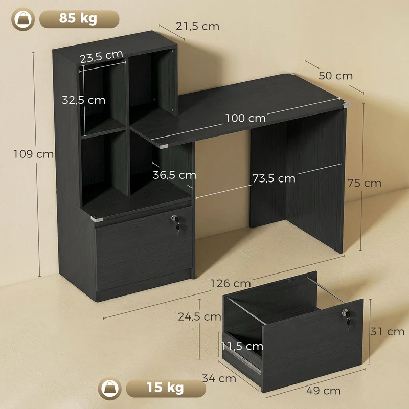 Mesa de Computador com Estante 4 Compartimentos e Gaveta com Fechadura 126x50x109 cm Preto