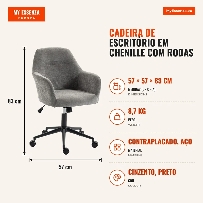 Cadeira de Escritório em Chenille com Rodas Função Basculante Altura Ajustável e Acolchoamento Espesso Cinza