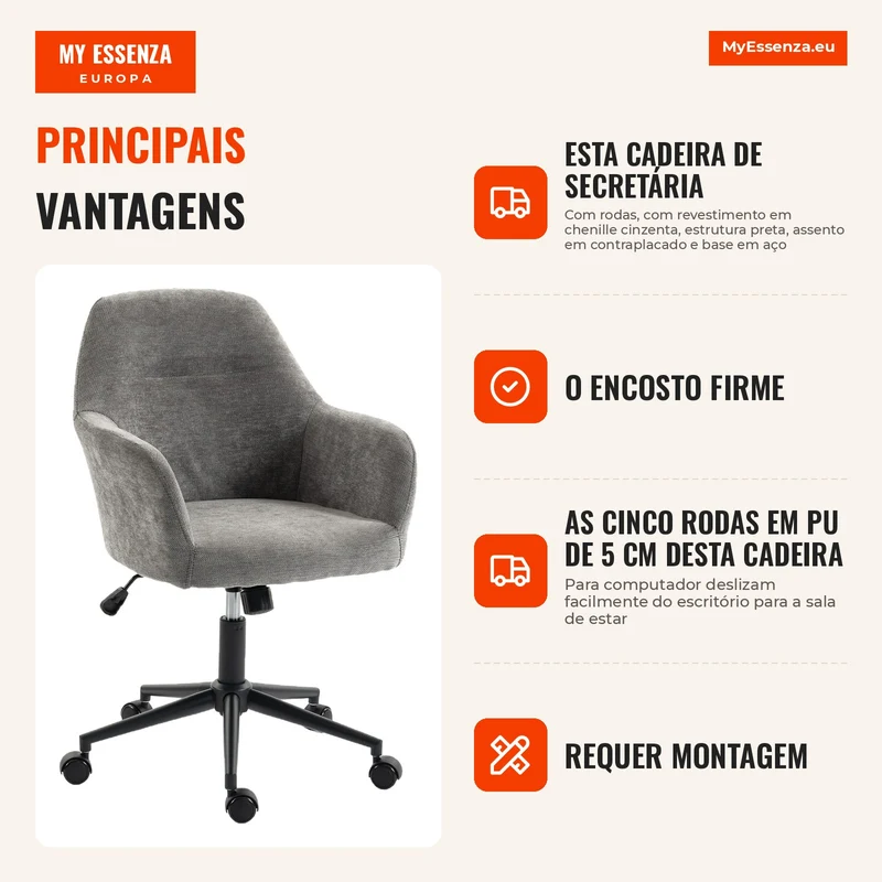 Cadeira de Escritório em Chenille com Rodas Função Basculante Altura Ajustável e Acolchoamento Espesso Cinza