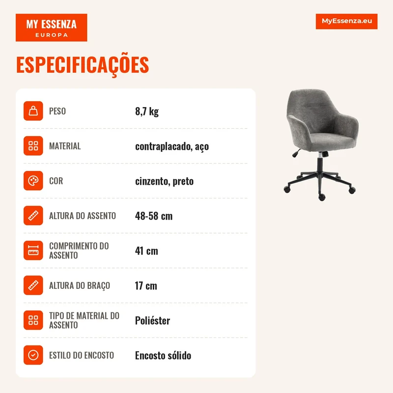 Cadeira de Escritório em Chenille com Rodas Função Basculante Altura Ajustável e Acolchoamento Espesso Cinza