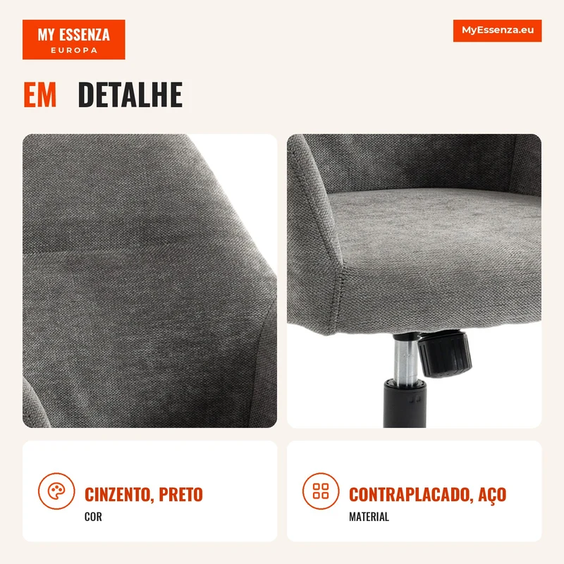 Cadeira de Escritório em Chenille com Rodas Função Basculante Altura Ajustável e Acolchoamento Espesso Cinza