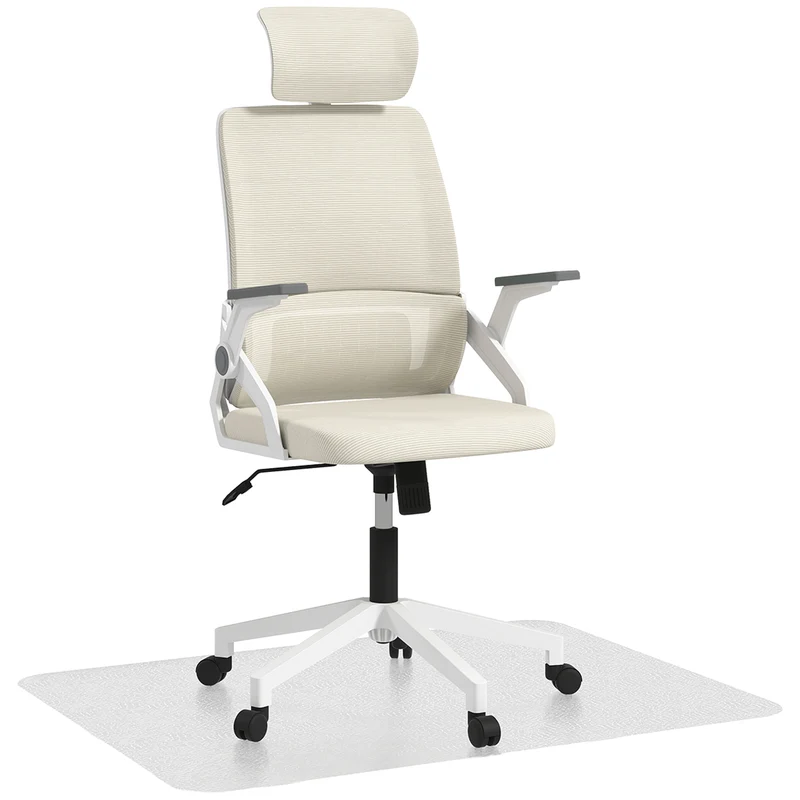 Conjunto de Cadeira de Escritório com Função de Baloiço Altura Ajustável Apoio de Cabeça Regulável Bege e 1 Tapete Protetor 90x120 cm Transparente