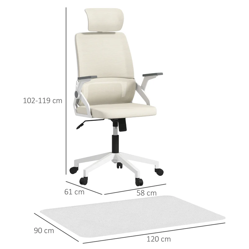 Conjunto de Cadeira de Escritório com Função de Baloiço Altura Ajustável Apoio de Cabeça Regulável Bege e 1 Tapete Protetor 90x120 cm Transparente