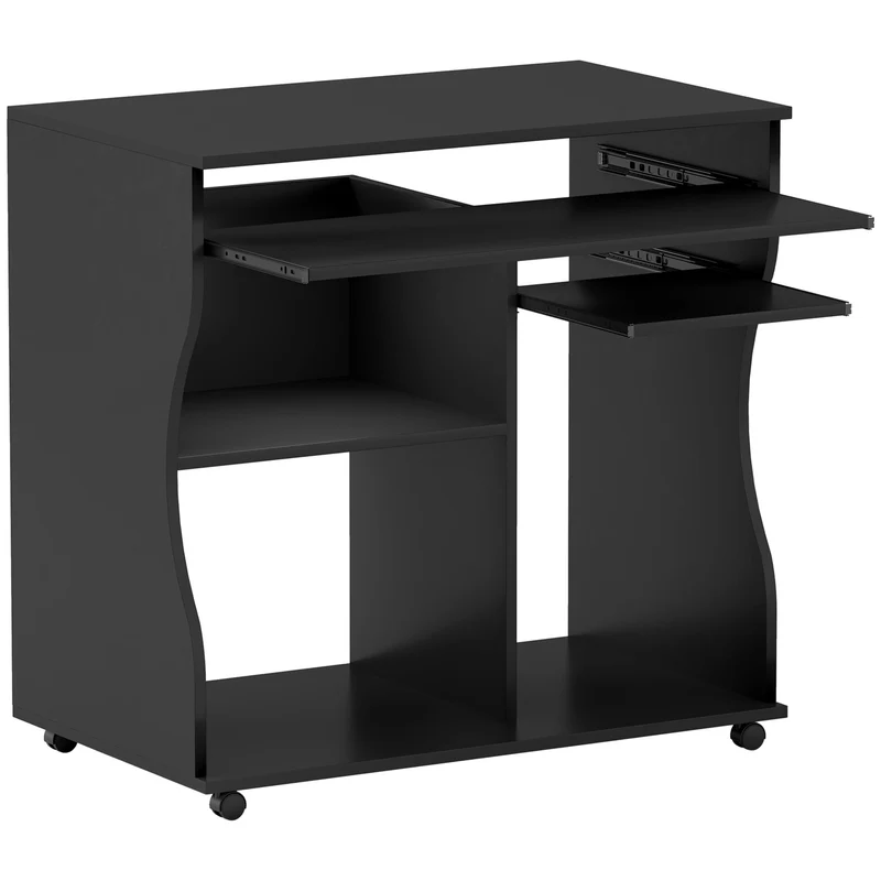 Mesa para computador com rodas, secretária com arrumação, 80 x 48 x 75 cm, Preto