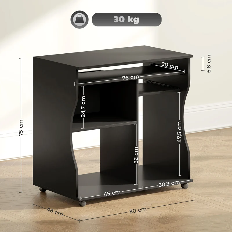 Mesa para computador com rodas, secretária com arrumação, 80 x 48 x 75 cm, Preto