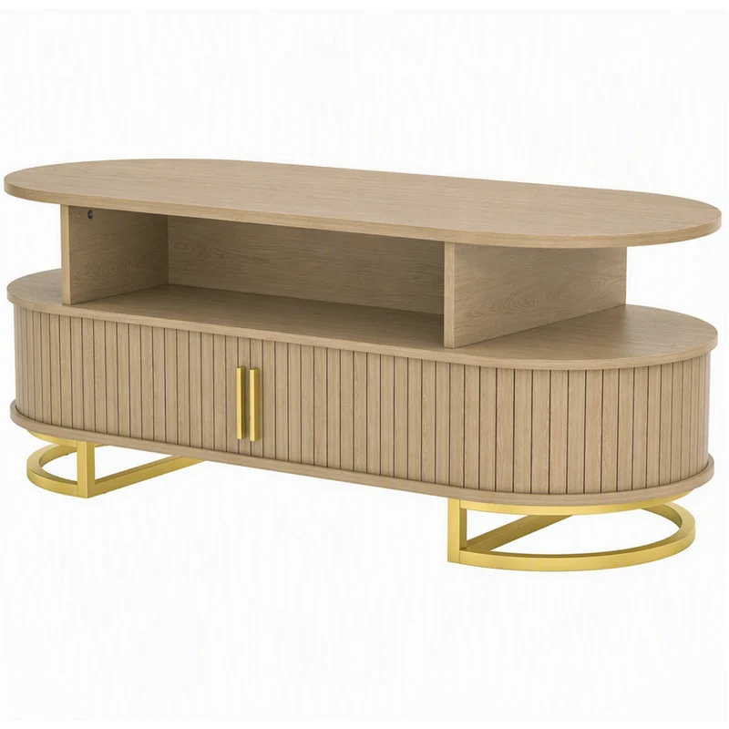 Mesa de Centro Oval Mesa de Sala Moderna com Portas Tambor Deslizantes Armazenamento Fechado Prateleiras Abertas Carvalho